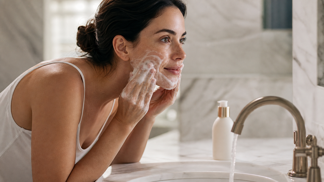 Woman cleansing oily skin with rich foaming cleanser in spa-like bathroom