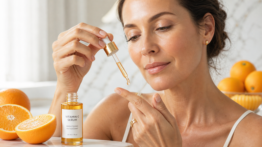 Elegant woman applying vitamin C serum beside oranges